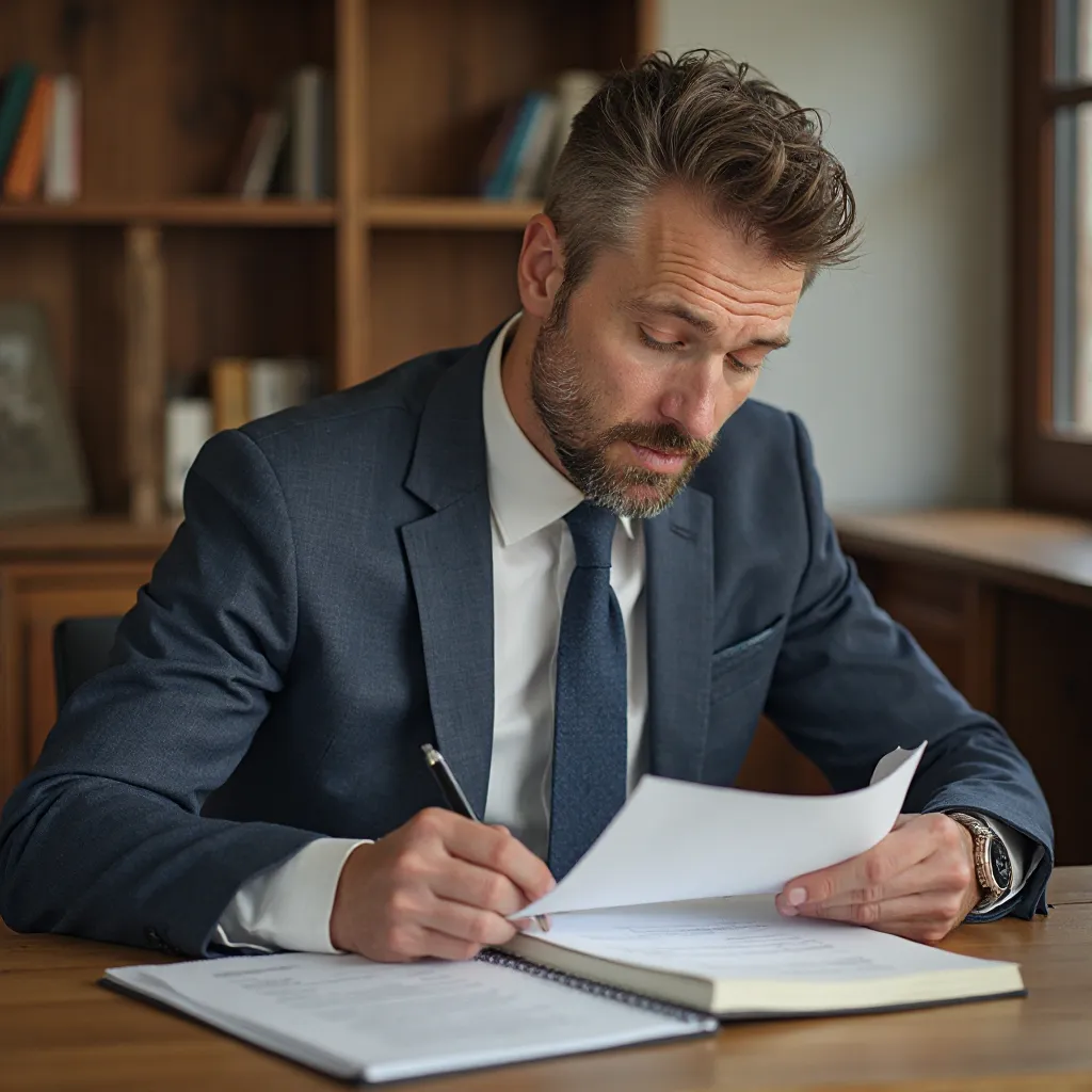 Mężczyzna pracuje z dokumentami finansowymi i notebookiem w biurze