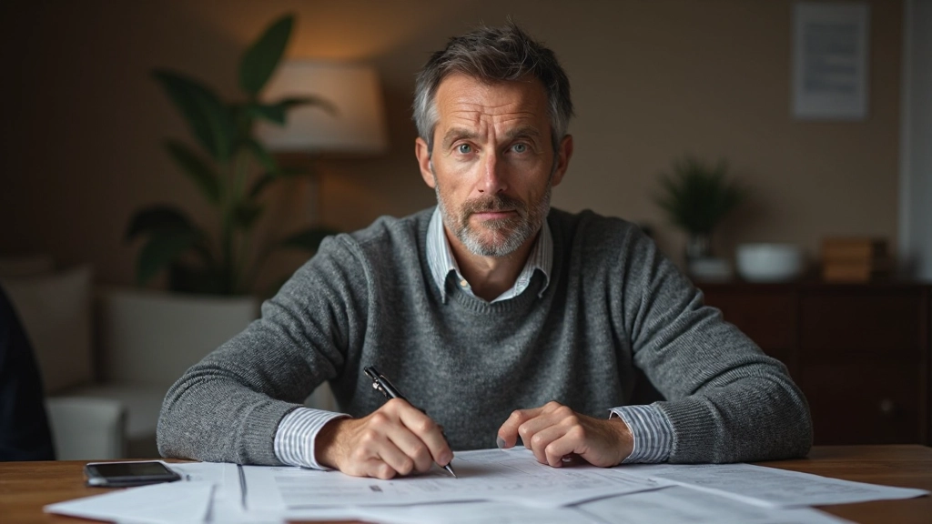 Mężczyzna w wieku 40-45 lat w szarym swetrze przy biurku z dokumentami finansowymi, portret z piersi, skoncentrowany wyraz