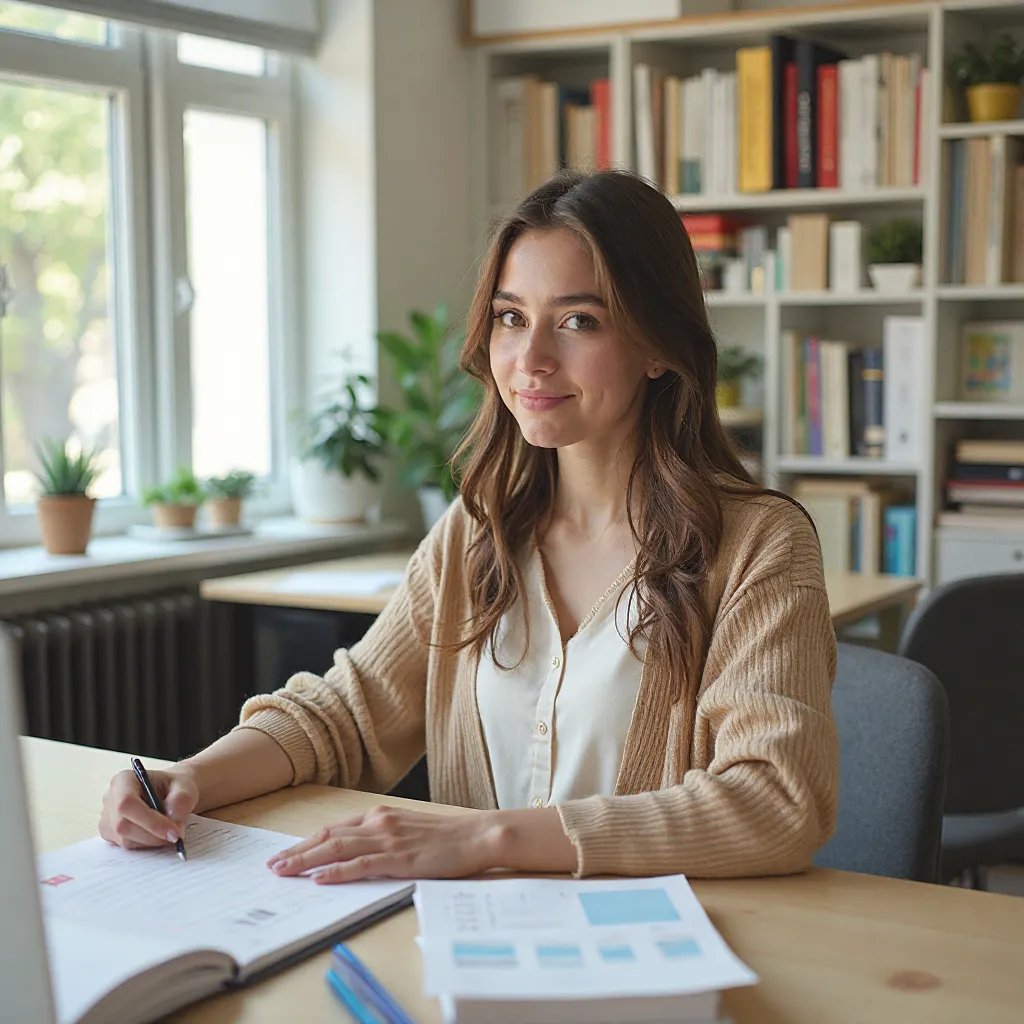 Kobieta studiuje materiały edukacyjne dotyczące finansów przy biurku