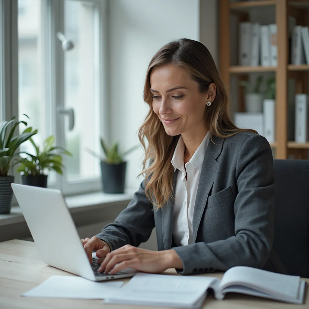 Kobieta analizuje wykresy finansowe na notebooku przy biurku z dokumentami